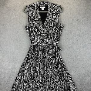 Liz Claiborne Faux Wrap Dress Large Zebra Fit Flare Career Stretch Belt Mob Wife